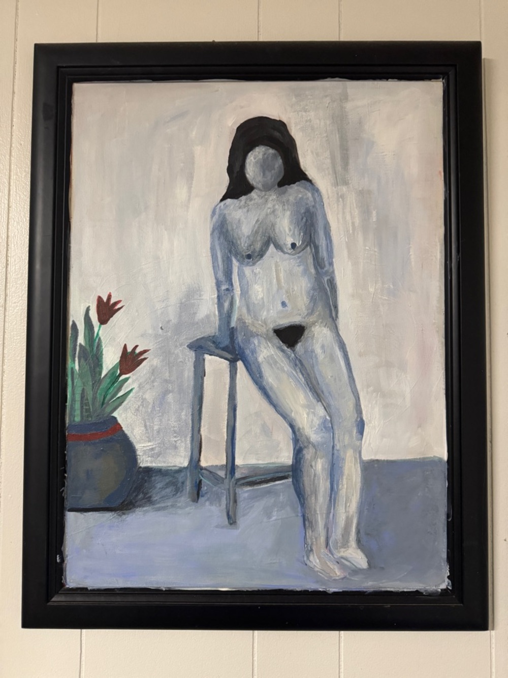 Blue-Toned Abstract Figurative Painting with Black Accents